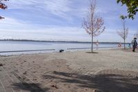 the sidewalk has stones on it near the water of the lake with trees and benches along it