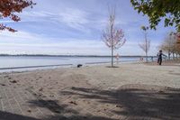 the sidewalk has stones on it near the water of the lake with trees and benches along it