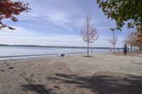 the sidewalk has stones on it near the water of the lake with trees and benches along it