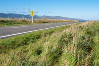 a road leading to the beach in front of mountains with tall grass and grass on it