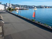 a long cement walkway lined with flags next to a body of water next to a sidewalk