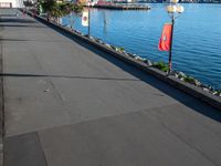 a long cement walkway lined with flags next to a body of water next to a sidewalk