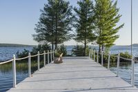 a wooden walkway with railings near the water's edge in a wooded area