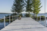 a wooden walkway with railings near the water's edge in a wooded area