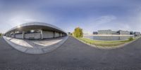 two fisheye images of a building by the water and buildings in the background the man is skateboarding