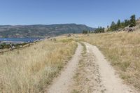 the trail winds through the dry grasses towards the water and mountains in the distance to the right