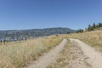 the trail winds through the dry grasses towards the water and mountains in the distance to the right