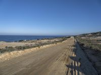 a dirt road lined with dry grass, and the ocean in the distance in the background