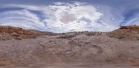 a photo taken with the fish eye lens on a 3d image of rocks and a hillside