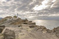 a rocky cliff overlooks the ocean with a lighthouse at the top of the cliff