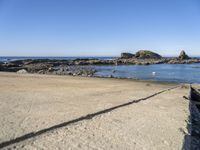 a lone bird stands on the concrete surface next to the beach and the ocean and rocks