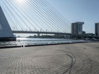 the skate boarder is riding down the brick walkway by the water with the bridge and buildings in the background