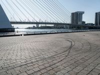 the skate boarder is riding down the brick walkway by the water with the bridge and buildings in the background