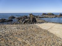 a sidewalk with stepping steps leading to the water on a rocky shore with clear blue sky in background