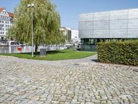 there is a stone block pavement next to a tree and a building on the other side