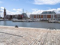 a cobblestone road in an outdoor setting with boats docked at the water's edge