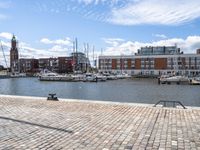 a cobblestone road in an outdoor setting with boats docked at the water's edge