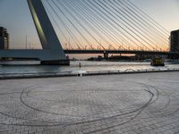 a person walking on a stone pathway by the water and the city skyline is in the background