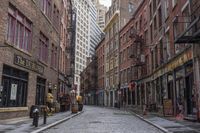 a cobble stone street is shown near tall buildings and fire escape ladders is shown in the background