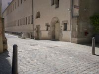 a cobblestone road next to some buildings and some trees, and a white fire hydrant