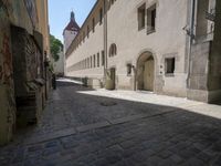 a cobblestone road next to some buildings and some trees, and a white fire hydrant