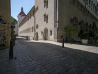 a cobblestone road next to some buildings and some trees, and a white fire hydrant