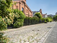 the cobblestone road leads up to a brick building with bushes and potted planters