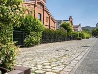 the cobblestone road leads up to a brick building with bushes and potted planters