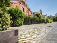 the cobblestone road leads up to a brick building with bushes and potted planters