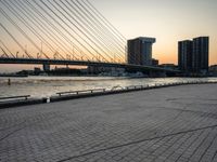 a person on a skateboard in the city at sunset, by a city and bridge