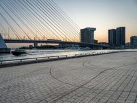 a person on a skateboard in the city at sunset, by a city and bridge