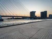 a person on a skateboard in the city at sunset, by a city and bridge