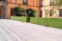 a cobbled sidewalk in front of a beautiful home with windows and bushes surrounding it