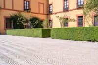 a cobbled sidewalk in front of a beautiful home with windows and bushes surrounding it