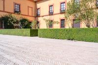 a cobbled sidewalk in front of a beautiful home with windows and bushes surrounding it