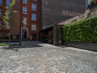 a green shrub near a gray building and a brick walkway with a bicycle rack in it