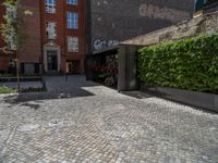 a green shrub near a gray building and a brick walkway with a bicycle rack in it