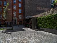 a green shrub near a gray building and a brick walkway with a bicycle rack in it