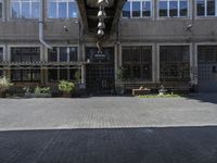 the entrance to the parking garage area of an empty building, with several plants in front of it