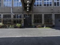 the entrance to the parking garage area of an empty building, with several plants in front of it