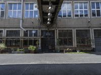 the entrance to the parking garage area of an empty building, with several plants in front of it