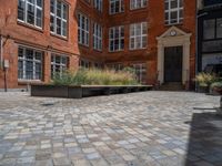 several plants sit in decorative concrete planters along the sidewalk of a building that is very modern