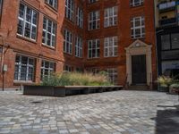 several plants sit in decorative concrete planters along the sidewalk of a building that is very modern