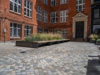 several plants sit in decorative concrete planters along the sidewalk of a building that is very modern