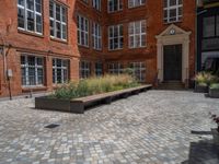 several plants sit in decorative concrete planters along the sidewalk of a building that is very modern