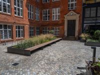 several plants sit in decorative concrete planters along the sidewalk of a building that is very modern