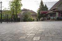 street scene with a cobblestone path in the foreground and a few homes