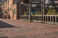 the cobblestone pavement is empty with the clock tower in the background, a woman walks past and shops on the right side