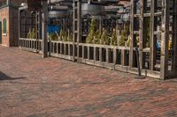 the cobblestone pavement is empty with the clock tower in the background, a woman walks past and shops on the right side