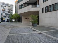 the cobblestone paving in a public plaza with buildings in the background and people walking along